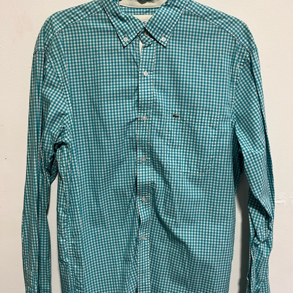 Lacoste Men's Teal Checkered Shirt. New w/o tags, never worn. Size M, regular